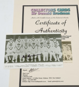 DON BRADMAN: A collection of four items signed by Bradman; each accompanied by a CofA: A miniature Gray-Nicholls bat, a reproduction postcard of the 1930 Australian team; and, a picture of the young Bradman in his batting stance with a list of his first c - 3
