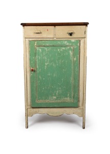 An antique green and white painted kitchen cabinet with zinc sides and hardwood top, shabby but attractive, early 20th century, 105cm high, 63cm wide, 37cm deep