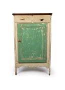 An antique green and white painted kitchen cabinet with zinc sides and hardwood top, shabby but attractive, early 20th century, 105cm high, 63cm wide, 37cm deep