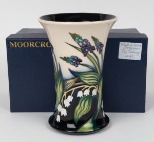 MOORCROFT "The Taming" A tribute to Shakespeare, English pottery vase on cream and black ground by Nicola Slaney, numbered 47, in original box of issue, circa 2016, impressed factory mark with artist's signature to base, 21cm high