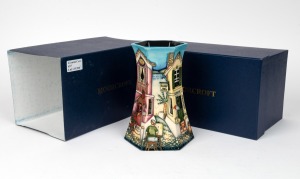 MOORCROFT "Cornish Cover" English hexagonal form pottery vase by Paul Hilditch, Limited 133/200, in original box of issue, circa 2008, impressed factory mark and artist details to base, 18.5cm high
