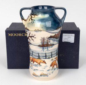 MOORCROFT "Woodside Farm" English pottery vase by Anji Davenport, in original box of issue, circa 1999, impressed factory mark and artist details to base, 26cm high