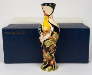 MOORCROFT "Cockerel" English pottery vase on cream and black ground, in original box of issue, circa 2007, impressed factory mark and artist details to base, 31cm high