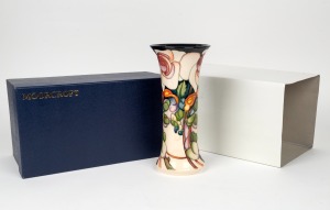 MOORCROFT "Elizabeth" English pottery vase on cream and black ground by Emma Bossons, in original box of issue, circa 2006, impressed factory mark and artist details to base, 25cm high