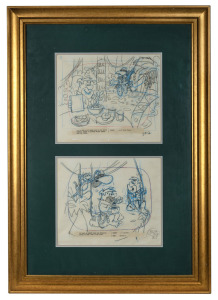 THE FLINTSTONES: COCO PEBBLES (1988) pair of working sketches from the famed cartoon series with typed captions, attractively framed as one, with Comic Art Gallery CofA verso, sheet sizes 26 x 31cm each, 87 x 62cm overall