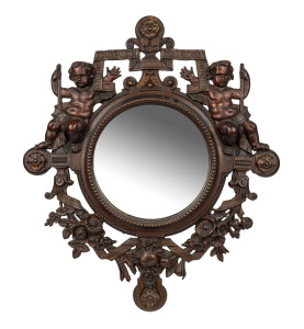 An antique cast iron framed mirror with putti decoration, late 19th century, ​​​​​​​62 x 54cm overall