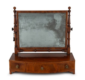 A Georgian three drawer antique English toilet mirror, crafted in flame mahogany with kingwood and boxwood inlay, 18th/19th century, 53cm high, 55cm wide, 24cm deep
