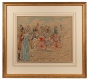 An antique print with watercolour enhancement, 19th century, ​​​​​​​54 x 59cm overall