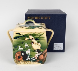 MOORCROFT "Swaledale Sheep" English pottery biscuit barrel, in original box of issue, circa 2007, impressed factory mark and artist details to base, 17cm high