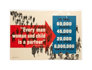 '"Every man woman and child is a partner" - President Roosevelt - In 1942 60,000 Planes 45,000 Tanks 20,000 A.A. Guns 8,000,000 Tons Of Ships', original 1942 colour poster, published by the United States War Production Board, 71 x 100cm.
