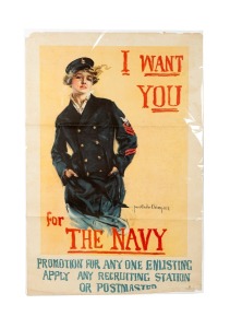 HOWARD CHANDLER CHRISTY (1872-1952) 'I Want You for The Navy - Promotion For Any One Enlisting - Apply Any Recruiting Station Or Postmaster', original 1917 colour poster, the artist's name at right in the plate, 104 x 68cm.