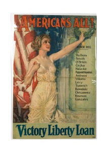 HOWARD CHANDLER CHRISTY (1872-1952) 'Americans All! Victory Liberty Loan', original 1919 colour poster, the artist's name at right in the plate, 101 x 68cm. An anonymised 'Honor Roll' is featured at left, listing a range of surnames typical of many differ