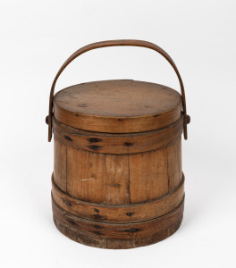 An antique firkin lidded timber sugar bucket, 19th century, 35cm high overall including handle