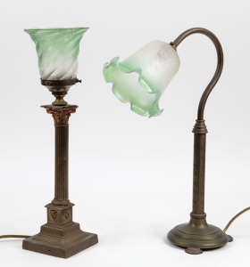 Two vintage brass table lamps with acid etched glass shades, (ill fitting), 20th century, the larger 46cm high