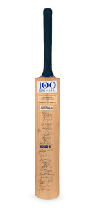 March 1996 Victorian Cricket Association Centenary Match at the M.C.G.: A full-sized ACB bat signed in full by the AUSTRALIA team (including Mark Taylor, Glenn McGrath, Steve Waugh & Jason Gillespie) and the WORLD XI (including Dean Jones, Aravinda da Sil