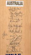 March 1996 Victorian Cricket Association Centenary Match at the M.C.G.: A full-sized ACB bat signed in full by the AUSTRALIA team (including Mark Taylor, Glenn McGrath, Steve Waugh & Jason Gillespie) and the WORLD XI (including Dean Jones, Aravinda da Sil - 2