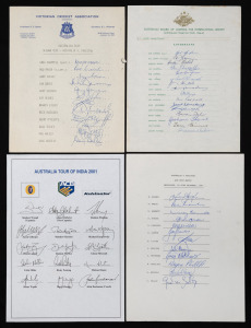 AUSTRALIAN TEST TEAMS: Four fully signed team sheets: "Australian Team on Tour 1966-67) with Bob Simpson captain; "Australia Team v Pakistan January 1977" with Greg Chappell captain; "Australian Team v Pakistan December 1983" with Kim Hughes captain; and "Australian Tour of India 2001" with Steve Waugh captain. (4).