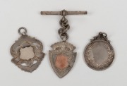 STAWELL GIFT RUNNING RACE: Trophy, likely EPNS, inscribed 'Stawell Jubilee 1927 - 400 Yds Hcp - Won by E.J. Ride (Edwin James Ride)', height 28cm including plinth, plus three small c. 1918 sterling silver race medallions, the three of them 18 grams total. - 2