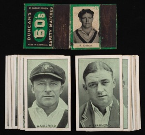 1934 AMALGAMATED PRESS LTD "Test Match Favourites", part set [23/40] of Australian and English Test Team cricketers. Also, a Lindwall match box label (Duncan's 60s in green). (24 items)