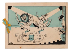 1946-47 England Tour to Australia: dinner menu in honour of 1946-47 England Ashes Team, held at the Windsor Hotel, Melbourne and featuring a front cover illustration by Wells, an inside backcover sketch and signature by Arthur Mailey and with 14 original 