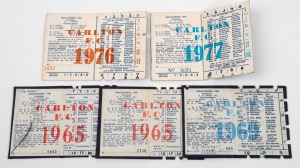 CARLTON FOOTBALL CLUB: 1965 (2), 1969, 1976 and 1977 Membership tickets, each with fixture list, office bearers and holes punched for games attended. (5).