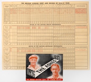 "THE ASHES 1936 - 1937" souvenir booklet by Wrigleys'; accompanied by the printed scoresheet which has been completed with addition red printed scores and details up to the end of the 1st Test, in Brisbane.