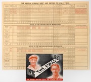 "THE ASHES 1936 - 1937" souvenir booklet by Wrigleys'; accompanied by the printed scoresheet which has been completed with addition red printed scores and details up to the end of the 1st Test, in Brisbane.