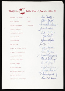 1981-82 WEST INDIES TEAM: "West Indies Cricket Tour of Australia 1981-82" on official letterhead, with 17 signatures including Clive Lloyd (Captain), Viv Richards (Vice-Captain), Des Haynes, Gordon Greenidge, Jeffrey Dujon, Michael Holding, Malcolm Marsha