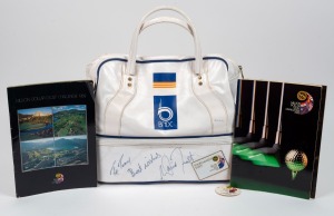 NEDBANK GOLF CHALLENGE: 1989 Tournament Staff bag, 34 x 44 x 21cm, signed by that year's winner David Frost, together with 1985/1989/1990 commemorative booklets.