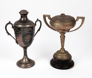 ULVERSTONE CUP TASMANIA (RUNNING): EPBM trophy inscribed 'Ulverstone Cup - E.J. Ride (Edwin James Ride) - 1925', height with wooden plinth 47cm, together with EPNS trophy inscribed 'Ulverstone Cup - 1926 - Won by - E.J. Ride', height 31cm. (2 items)