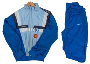 1990 WORLD ROWING CHAMPIONSHIPS: Adidas two-tone blue towelling-lined East German team tracksuit, marked 'DDR' [German Democratic Republic], with hammer and compass Communist motif patch. Achieving significant success that year, the East German team was p
