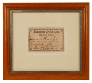 Launceston Cricket Club member's ticket for the 1872-1873 season; window-mounted, framed and glazed, 23 x 25cm overall.