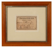 Launceston Cricket Club member's ticket for the 1872-1873 season; window-mounted, framed and glazed, 23 x 25cm overall.