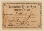 Launceston Cricket Club member's ticket for the 1872-1873 season; window-mounted, framed and glazed, 23 x 25cm overall. - 2