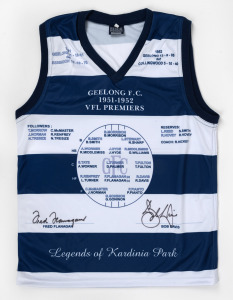 GEELONG F.C. 1951-1952 VFL PREMIERS COMMEMORATIVE JERSEY: "Legends of Kardinia Park", signed by Fred Flanagan and Bob Davis at a private signing in 2006.