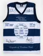 GEELONG F.C. 1951-1952 VFL PREMIERS COMMEMORATIVE JERSEY: "Legends of Kardinia Park", signed by Fred Flanagan and Bob Davis at a private signing in 2006.