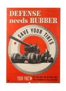 'Defense needs Rubber - Your Part: Get The Most Out Of Your Tires - Ask Attendant To Tell You How', original 1941 colour poster, published by the United States Office For Emergency Management, 102 x 72cm.