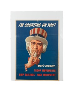 LEON HELGUERA (1899-1970) 'I'm Counting On You! Don't Discuss: Troop Movements - Ship Sailings - War Equipment', original 1943 colour poster, the artist's name at lower left in the plate, published by the United States Office of War Information, 71 x 50cm