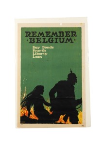 ELLSWORTH YOUNG (1866-1952) 'Remember Belgium - Buy Bonds - Fourth Liberty Loan', original c. 1918 colour poster, the artist's name at lower left in the plate, published by the United States Government, 74 x 51cm. The silhouette of the pickelhaube-wearing