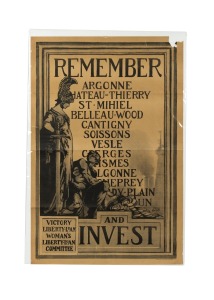JAMES MONROE HEWLETT (1868-1941) 'Remember Argonne, Chateau-Thierry, St Mihiel, Belleau Wood, Cantigny, Soissons, Vesle...And Invest - Victory Liberty Loan', original 1919 monochrome poster, the artist's initials at lower right in the plate, published by 
