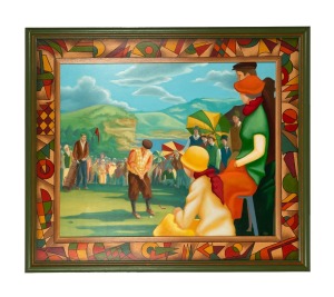 ARTIST UNKNOWN, (golfing scene), oil on canvas, signed lower right "N.J.M.", attractively framed with hand-painted mounts, ​​​​​​​62 x 77cm, 87 x 102cm overall.