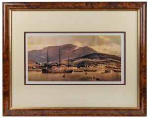 Two Tasmanian scene facsimile prints, the smaller attractively framed in huon pine, the larger 55 x 68cm overall.