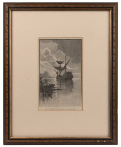 An antique framed wood engraving titled "The Duyfken In The Gulf Of Carpentaria", an extract from the Picturesque Atlas of Australasia, 41 x 33cm overall.