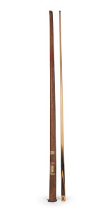 HORACE LINDRUM: Circa 1950s billiards cue, length 153cm, with ivory plate featuring portrait and text 'Horace Lindrum - Champion Cue', together with leather case.
