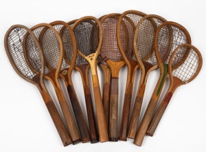 A collection of vintage tennis racquets including examples by Sparta, Benetfink, HHCo Buster, F.H. Ayres, Bancroft "Pierre", Iver Johnson, Springwell, Pennant, Wright & Ditson and Prosser & Sons, etc. (11); various sizes and in mixed condition, but a fascinating opportunity for study.