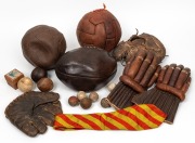 A CHALLENGE: Various antique and vintage sporting items including wicket-keeping gloves (by Frank Bryan Ltd), early leather balls including an early rugby ball, in various sizes (golf, cricket, an 1870s figure-eight stiched baseball, football), including 