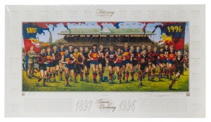 "FITZROY FOOTBALL CLUB Team of the Century 1897 - 1996" poster by Jamie Cooper, artist proof 8 of 10, signed by the artist. Overall 56 x 100cm.