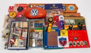 A diverse range of collector cards (football, cricket, etc.), club song 45rpm recordings, badges, cloth patches, Football Records, a signed full-size Sherrin football, American baseball cards, etc. All in a large carton.
