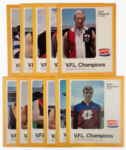 1968 AMPOL 'VFL' CHAMPIONS: near complete set of eleven, each with a player illustrated folder (24x20cm) & a 45pm record; comprising of Ron Barassi (Carlton), Alex Ruscuklic (Fitzroy), Ted Whitten (Footscray), Doug Wade (Geelong), Hassa Mann (Melbourne),