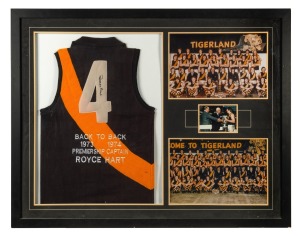 RICHMOND FOOTBALL CLUB: "ROYCE HART, BACK TO BACK PREMIERSHIP CAPTAIN, 1973-74" signed guernsey framed together with attractive photographic display, with CofA verso, 100 x 130cm overall.